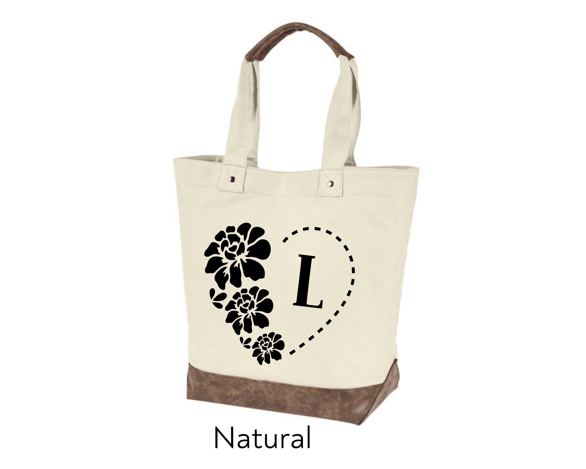 Canvas Tote - monogram personalization heart and flowers
