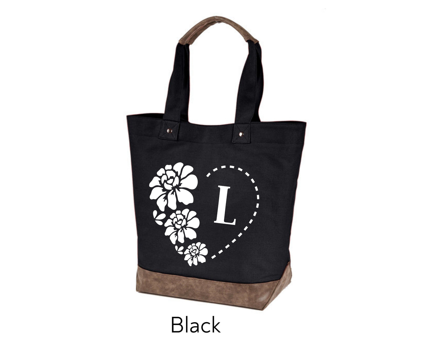 Canvas Tote - monogram personalization heart and flowers
