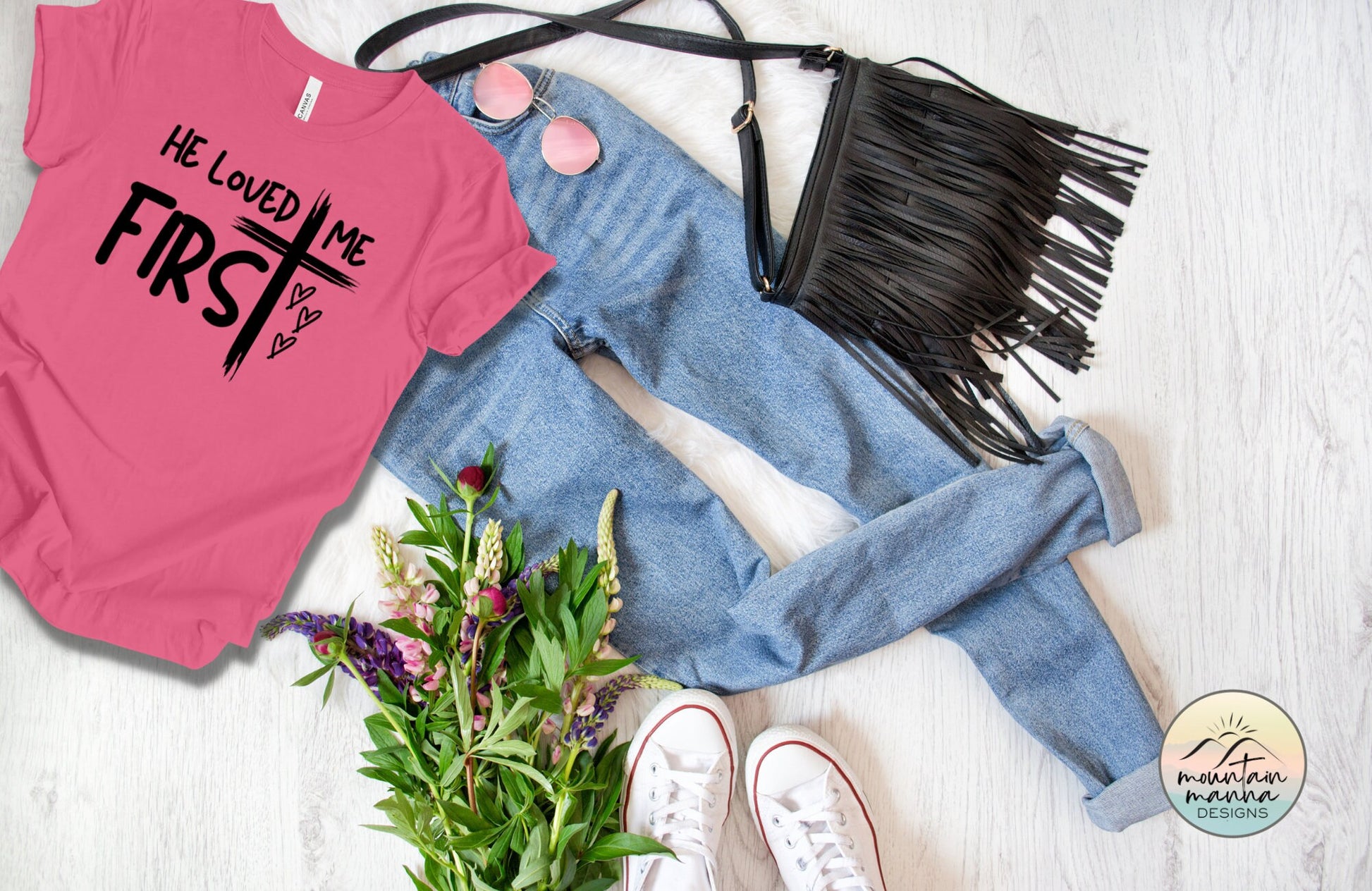 Valentine's Day Graphic Tee for Christian Women | He Loved Me Firsts | God's Love | Cross | Jesus Loves Me