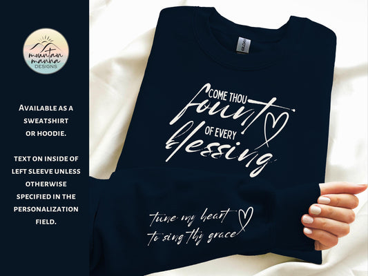 Navy Blue Sweatshirt with words of a hymn on the front and the sleeve.